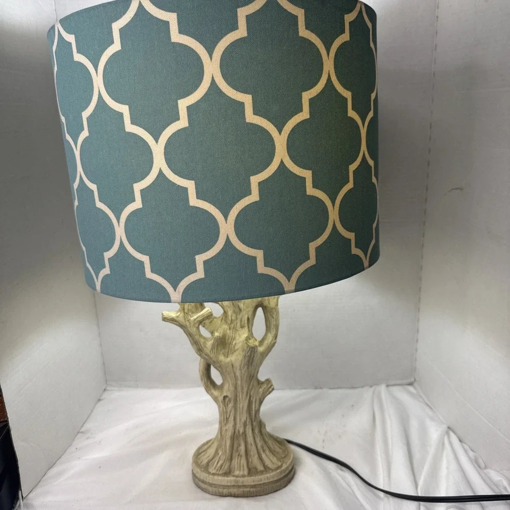 Coastal Coral Style Table Lamp Tree Root Driftwood White Wash Teal Drum Shade
